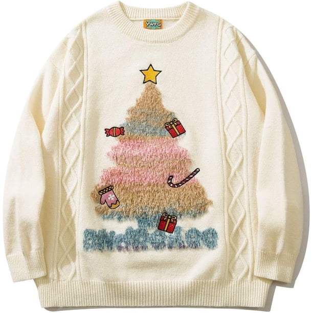 Suéter navideño holgado para mujer, otoño/invierno, manga larga, árbol de Navidad, pareja, punto, cuello redondo, extragrande, blanco