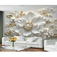 thumbnail image 2 of Modern Relief White Flowers Wall Mural, Luxury Golden Leaves Wallpaper, Stereo White Pearls Custom Photo Wallpaper Wall Decals For Bedroom Living Room 197"W x 118"H (Not Peel and Stick), 2 of 6