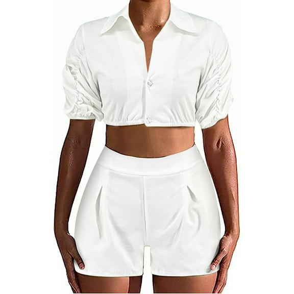 Wycnly Womens 2 Piece Outfits Casual Sports Button Down Short Sleeve Cropped Shirt and High Waist Shorts Set Two Piece Yoga Workout Sets under $5