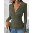 thumbnail image 5 of Womens Long Sleeve Shirts V Neck Ribbed Knit Slim Fit Button Light-Weight Sweater Fall Casual Work Tops Army Green M, 5 of 10
