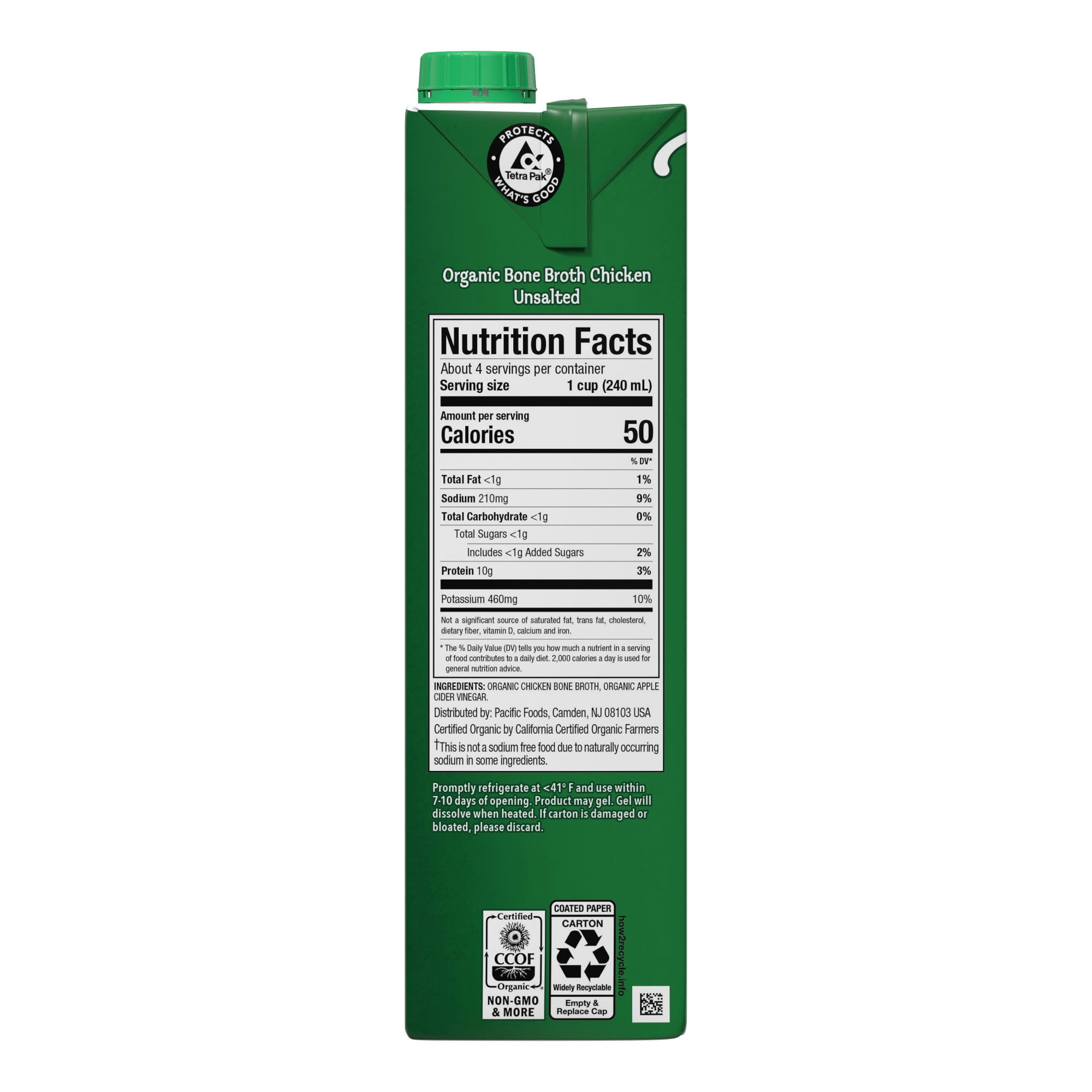 Pacific Foods Organic Unsalted Chicken Bone Broth, 32 oz Carton