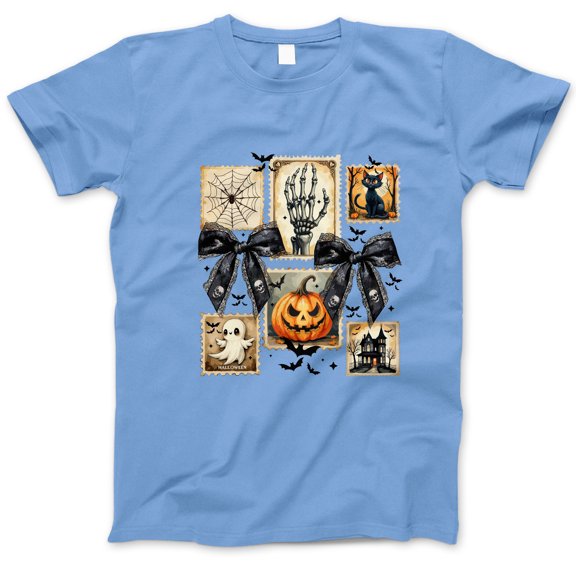Halloween Postage Stamp T-Shirt, Vintage Spooky Collage Tee with Pumpkin Ghost Cat Skeleton, Gothic Aesthetic Shirt, Fall Festival Gift