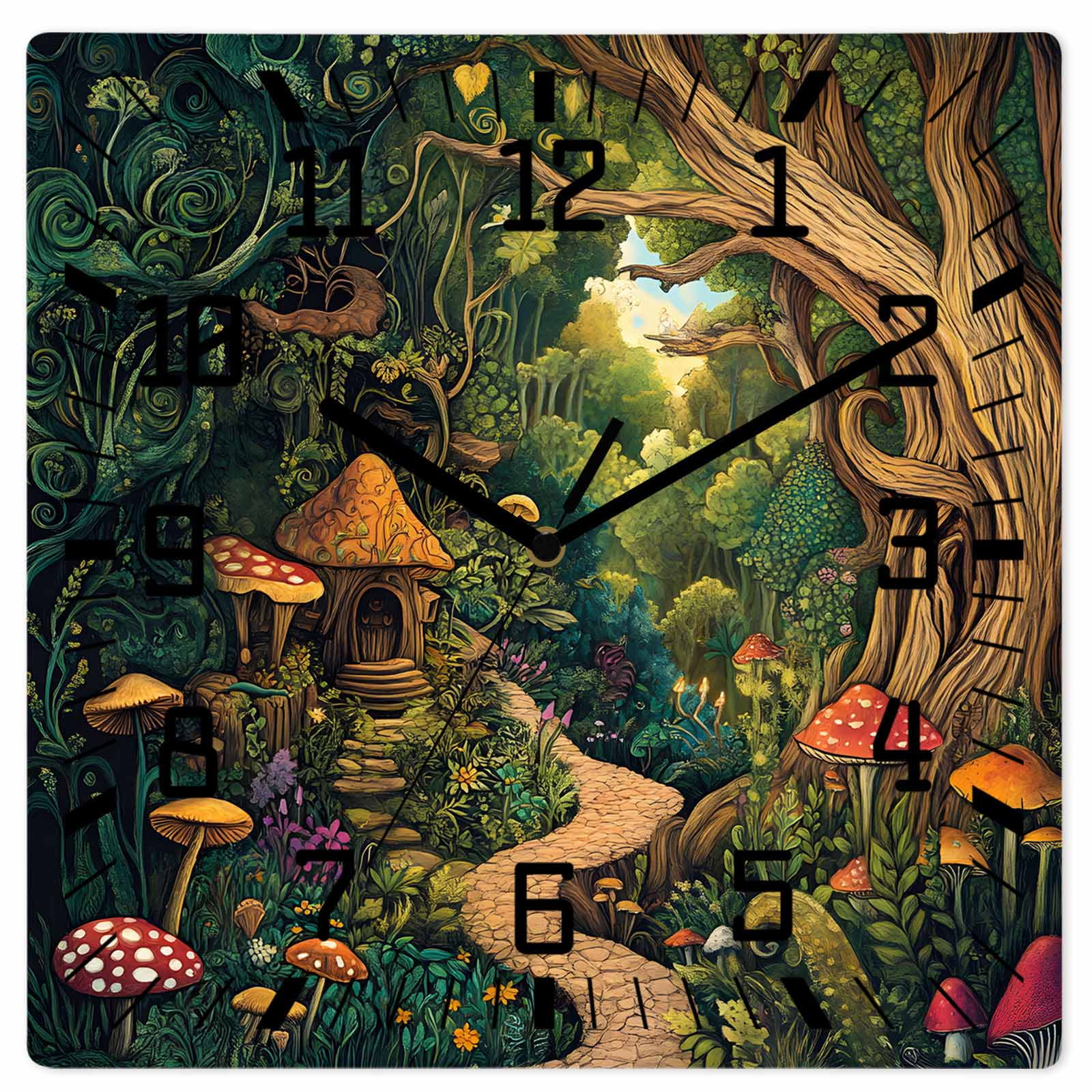 Forest Wooden Wall Clock Silent Non Ticking, Vintage Cottage Mushroom Tree Floral Green Square Wall