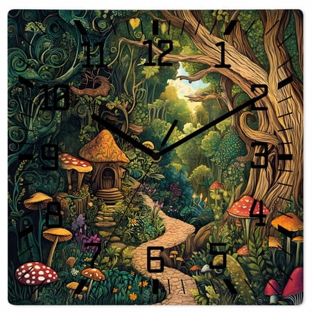 Forest Wooden Wall Clock Silent Non Ticking, Vintage Cottage Mushroom Tree Floral Green Square Wall Clocks Battery Operated, Decor Clock for Home Office, Living Room, Kitchen, 12 Inch
