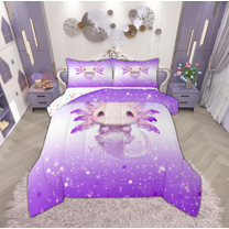 Manfei Cute Purple Axolotl Queen Comforter Set, Kawaii Glitter Stars Bedding Sets, Teens Boys Girls Kids Reversible Bedding Comforter Set, Breathable Home Decor, 3-Piece