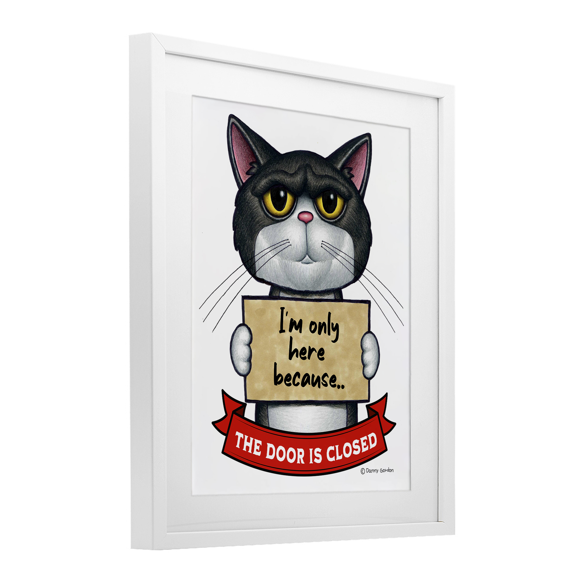 Here Because Door Is Closed White Framed Print Under Glass, design by Danny Gordon Art