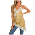 thumbnail image 3 of Women's Lace Embellished Tops Satin Spaghetti Strap Deep V Neck Tank Top Asymmetrical Hem Soft Daily Going Out Summer Camisole, #02 Champagne, S, 3 of 7