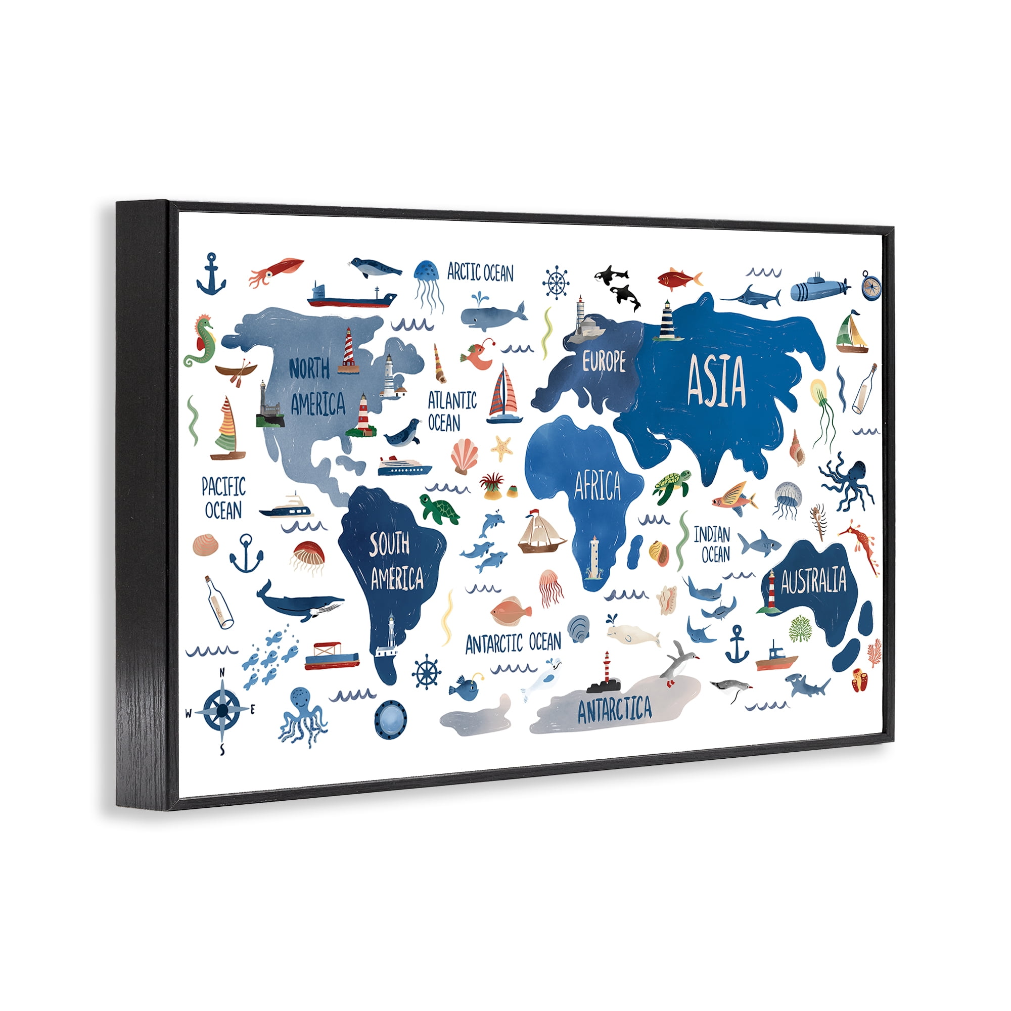 Stupell Industries Nautical Themed Map Travel & Places Painting Black Framed Art Print Wall Art, 30 x 20