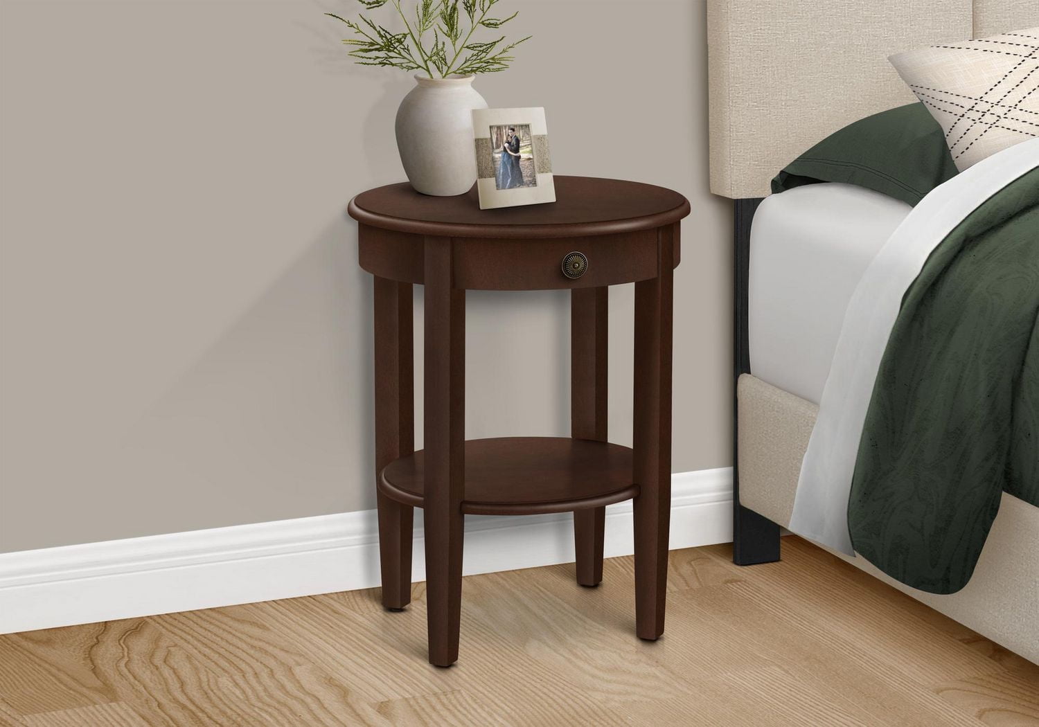 Monarch Specialties Accent Table, 2 Tier, End, Side Table, Round, Nightstand, Bedroom, Lamp, Brown Veneer, Transitional