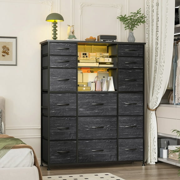 EnHomee Black Tall Dressers for Bedroom with 15 Drawers Dresser with LED Lights &Charging Station,39"L x 12"W x 51"H