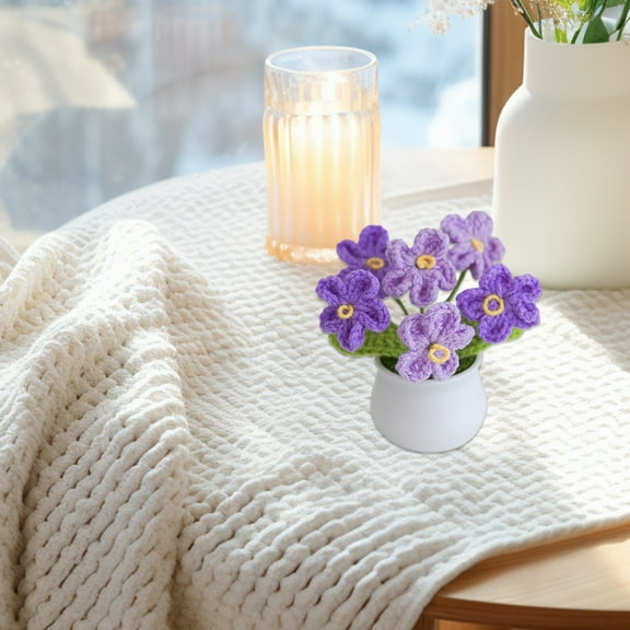 Fasiaou Mini Crochet Flower Potted Plant,Knitted Forget Me Not Plum Blossom Fake Flower for Bathroom Home Kitchen Rustic Table Centerpiece Shelf Decor