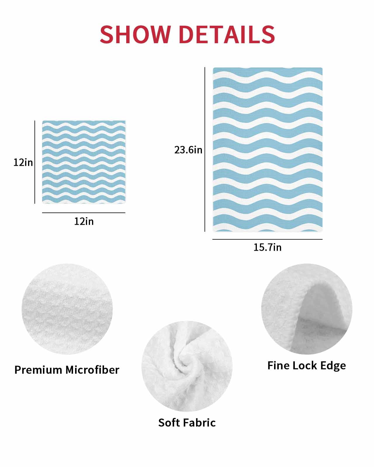 Blue White Kitchen Dish Towels for Drying Dishes Set of 3, Modern Abstract Waves Water Ripple Striped Waffle Weave Microfiber Terry Hand Tea Bathroom Towels Quick Dry & Absorbent Towel 12x12