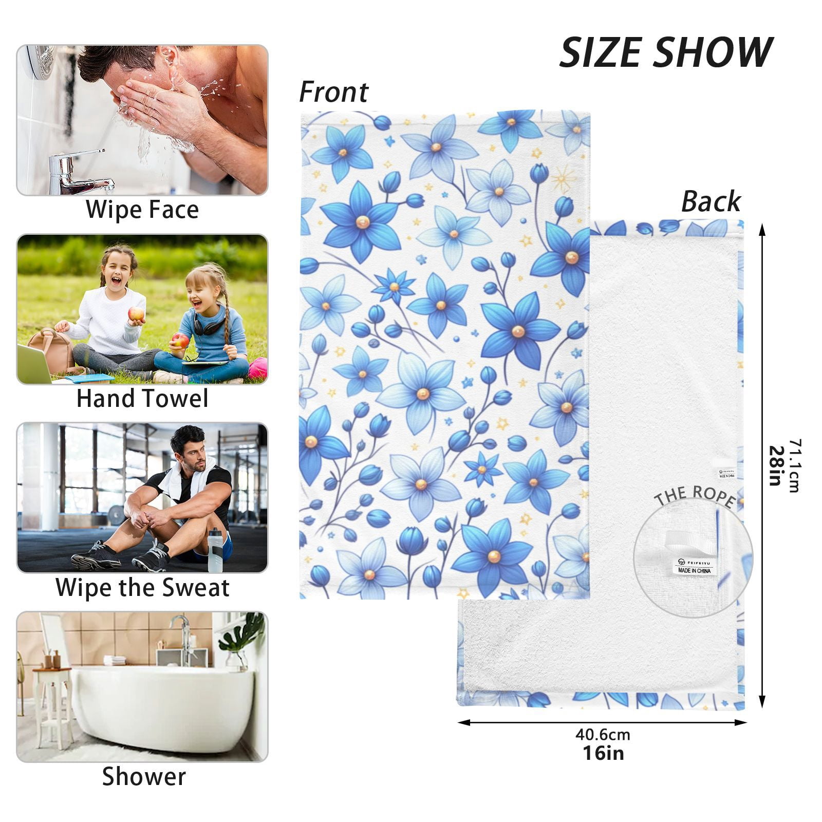 Cute Blue Flowers Hand Towels Cotton Bath Towels Large Face Towels Absorbent for Bathroom 2 Packs