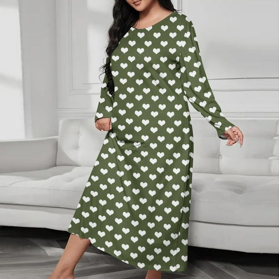 JUSLIO Nightgowns for Women Graphic Print Pajama Long Sleeve Sleepwear Round Collar Nightgown Sleep Dress Army Green Loungewear Nightgowns Robes