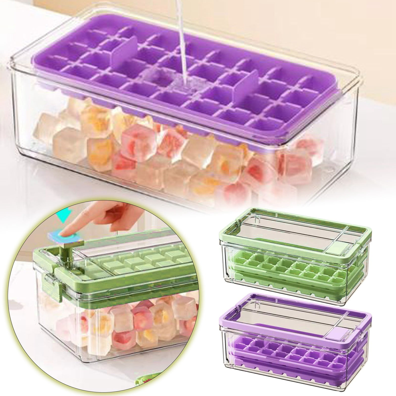 Eqslft Press-Type Ice Cube Tray with Storage Bin & Lid, One-Button Release Silicone Ice Mold, Leak-Proof Ice Cube Maker Container, for Freezer, Cocktails, , Drinks