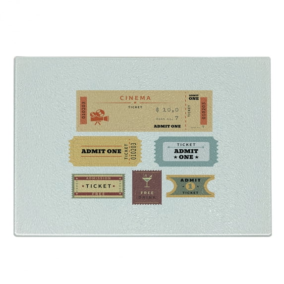 Movie Theater Cutting Board, Different Retro Tickets for Cinema and Other Events Vintage Illustration, Decorative Tempered Glass Cutting and Serving Board, Small Size, Multicolor, by Ambesonne