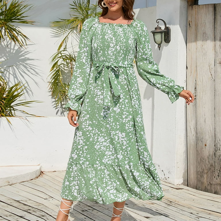 green floral semi formal dress Berylove Women Ruffles Tiered Bridesmaid Dress with Slit Green Floral A Line Maxi Wedding Party Guest Dress, Green / US24W
