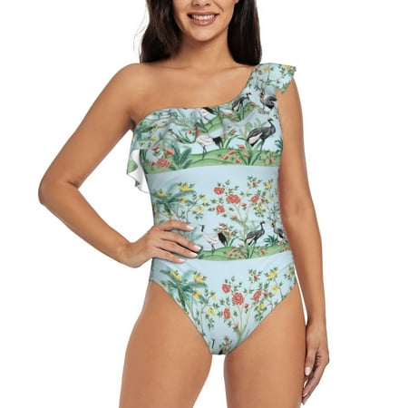 Gukieu Chinoiserie Floral Palm Tree Print One-shoulder Ruffled One-piece Swimsuit with Removable Chest Pads and Tummy-control Swimsuit for Women-Medium