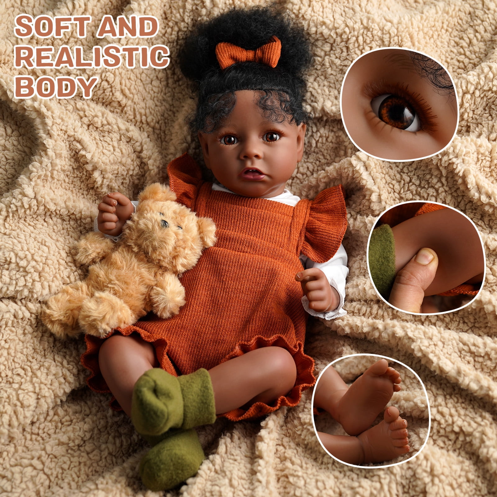 BABESIDE Reborn Dolls Black with Soft Cloth Body African American-Girl Doll 20 Inch Best Birthday Gift Set and Toy Accessories Gift for Kids Age 3