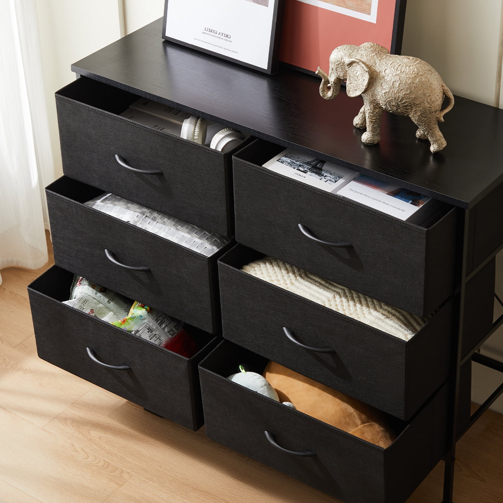 CONCETTA 6-Drawer Fabric Dresser Storage Chest for Bedroom, Closet, Storage Furniture for Adults, Black