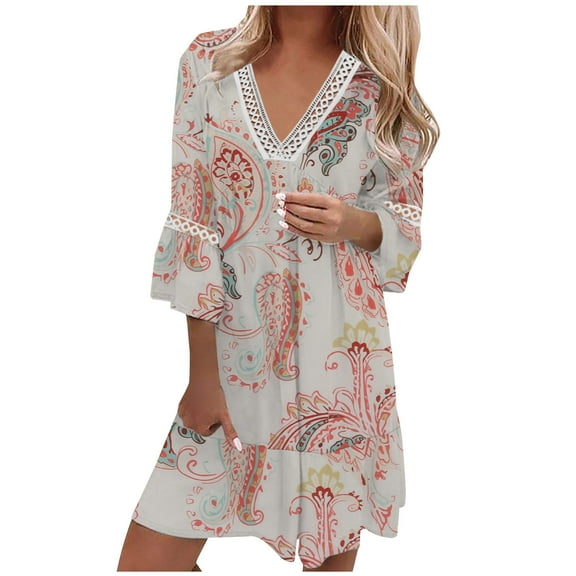 Casual Dresses for Women Summer Cute Bell Half Sleeve Baby Doll Dress Hollowed Lace Patchwork V Neck Loose Dress
