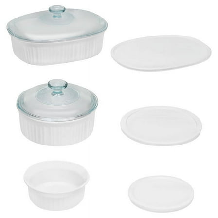 CorningWare French White 8-Piece Ceramic Stoneware Casserole Set with Glass and Plastic Lids, Round & Oval