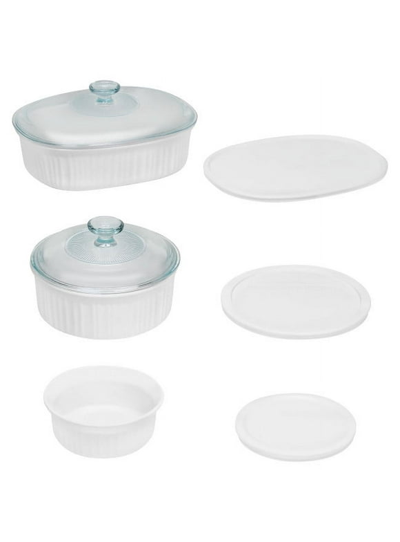 CorningWare French White 8-Piece Ceramic Stoneware Casserole Set with Glass and Plastic Lids, Round & Oval