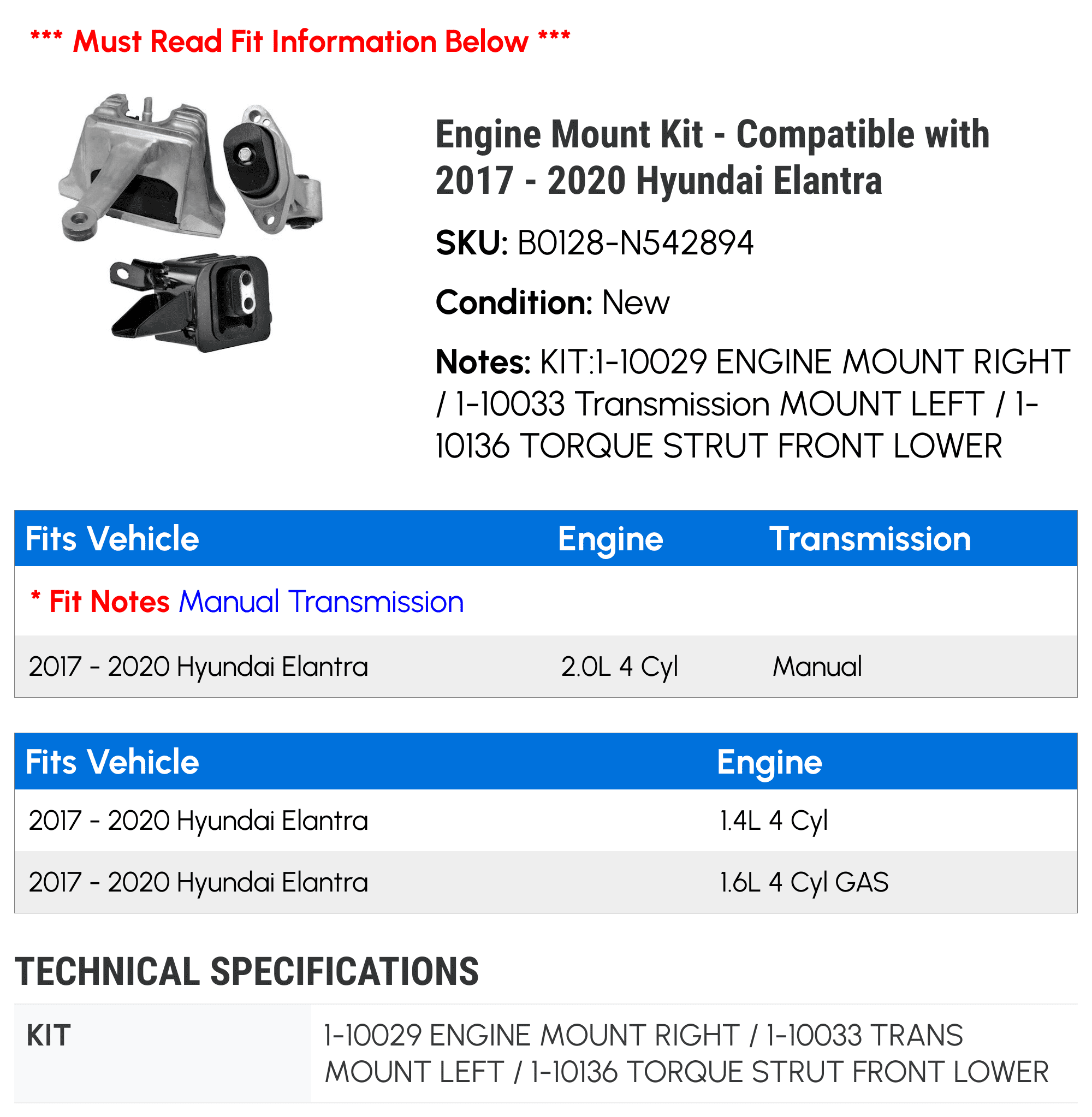 Engine Mount Kit - Compatible with 2017 - 2020 Hyundai Elantra 2018 2019
