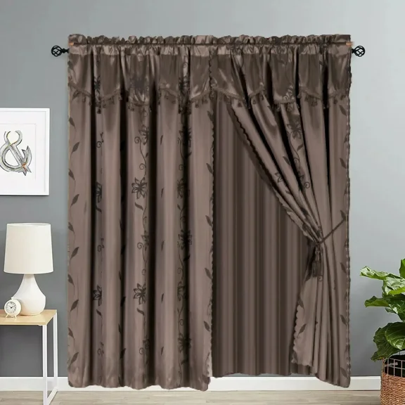 Gorgeous Home Linen 2pc Complete Set Faux Silk Floral Print Rod Pocket Window Curtain Semisheer Brown color 120" W x 84" L Nada Style