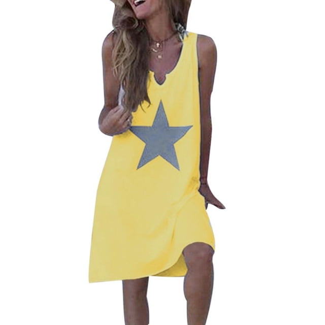 Robe d'Été pour Femmes Imprimé Étoile Ample Col en V Sans Manches Robe Décontractée Vêtements d'Été pour Femmes