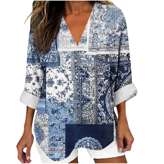 Womens Long Sleeve V Neck T-Shirts Graphic Printed Tunic Tops Casual Loose Fit Pullover Shirts Spring Summer Clothes (XL, White J)