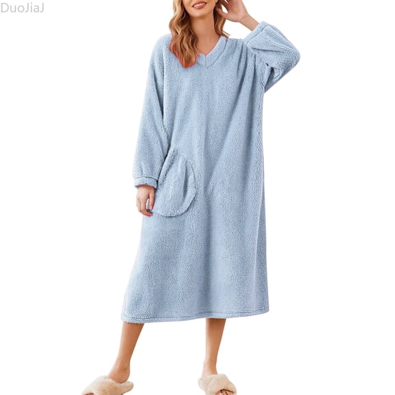DuoJiaJ Soft Long Robe With Pockets Cozy Fleece Bathrobe For Relaxation Luxurious Loungewear Elegant Shawl Collar Home Wear Womens Sleepwear Blue L