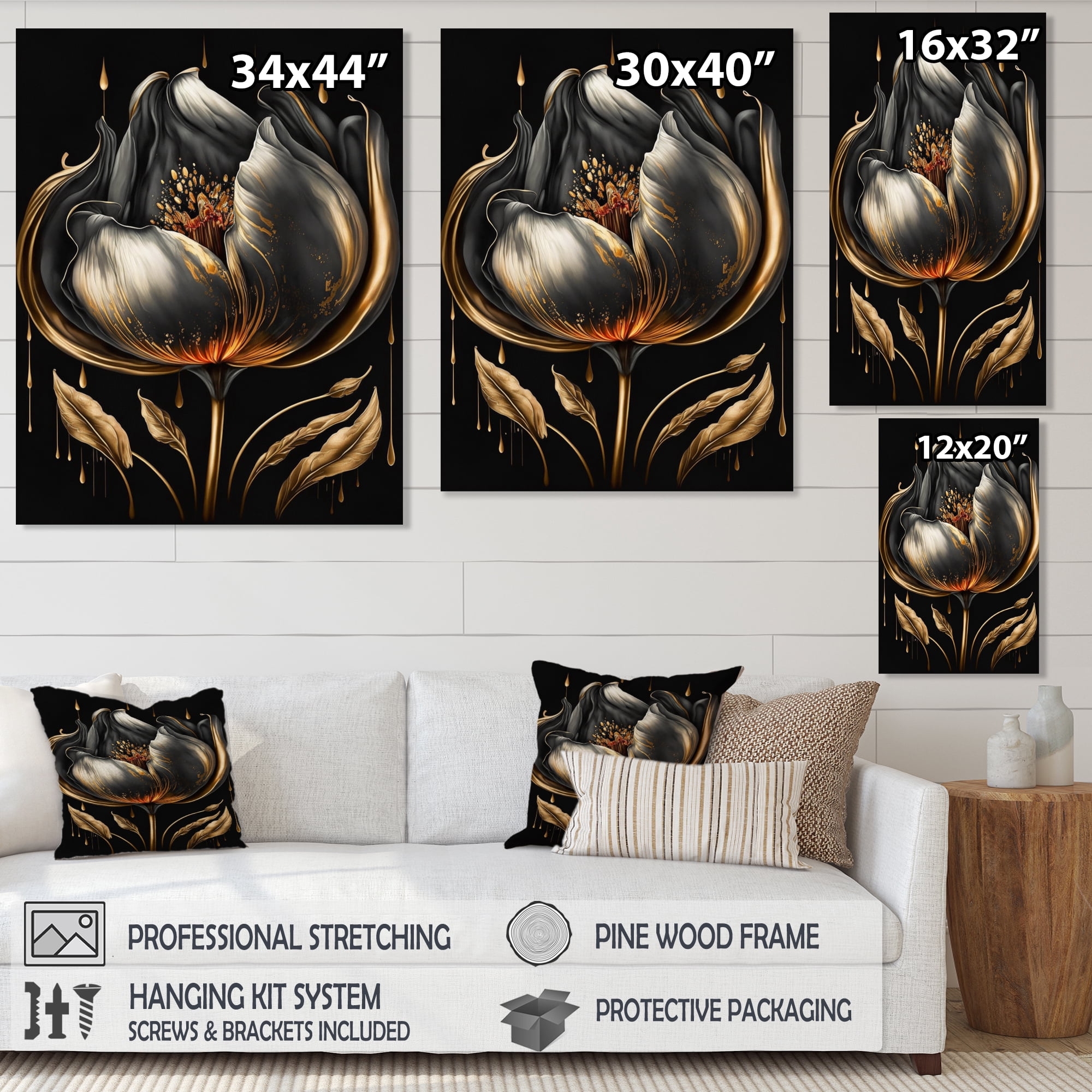 Designart Black And Gold Tulip Canvas Wall Art