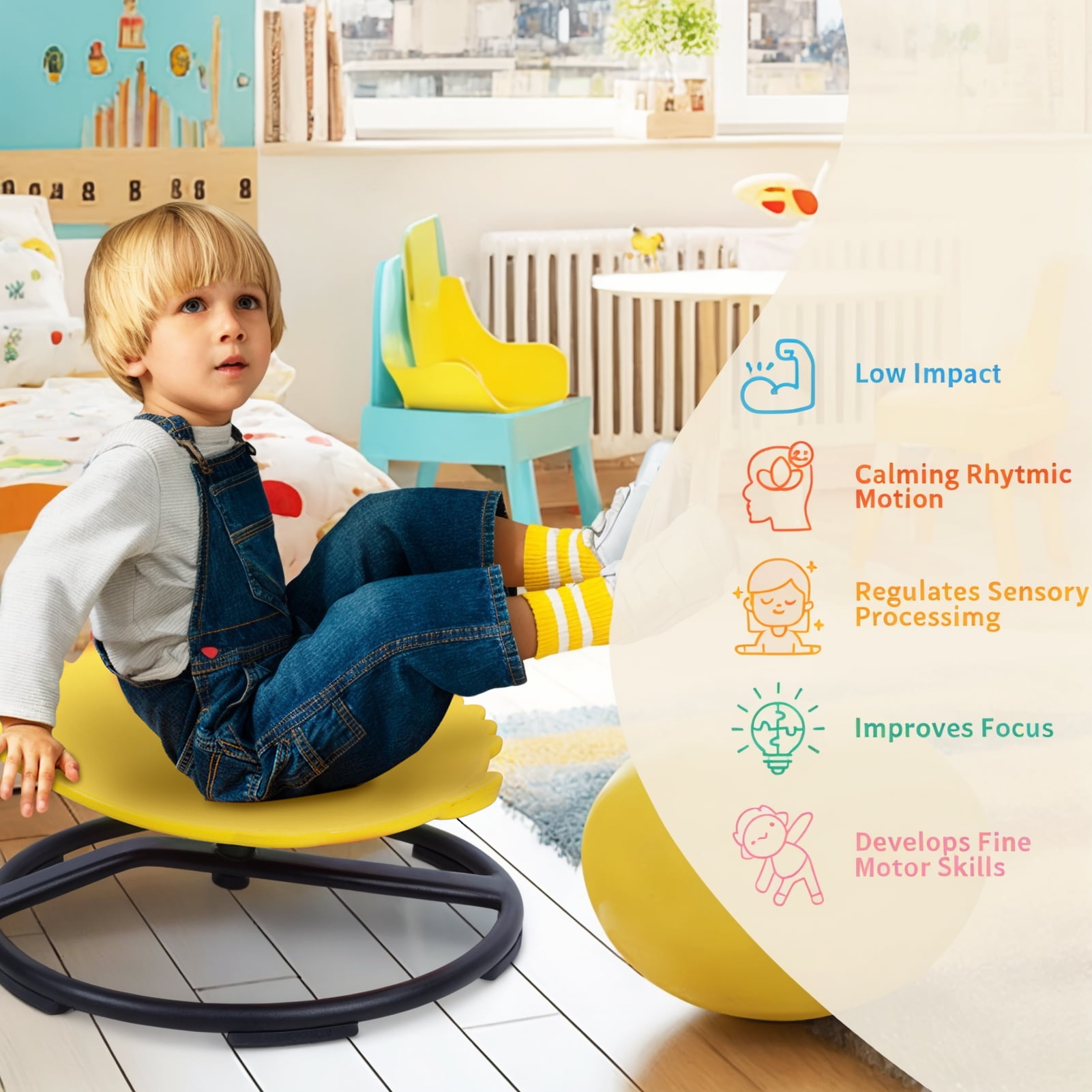 Trendix Spinning Chair for Autistic Kids Sensory Swivel Chair Toddler Spinning Seat Training Body Coordination and Balance, Autism Sensory Spinning Chair, Cartoon Dinosaur Shaped (Yellow)
