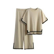 QUYUON Sweater Sets Women 2 Piece Lounge Sets Short Sleeve Knit Pullover Tops Wide Leg Pants Side Split Two Piece Summer Outfits Crew Neck Sweatshirt Matching Set Beige One Size