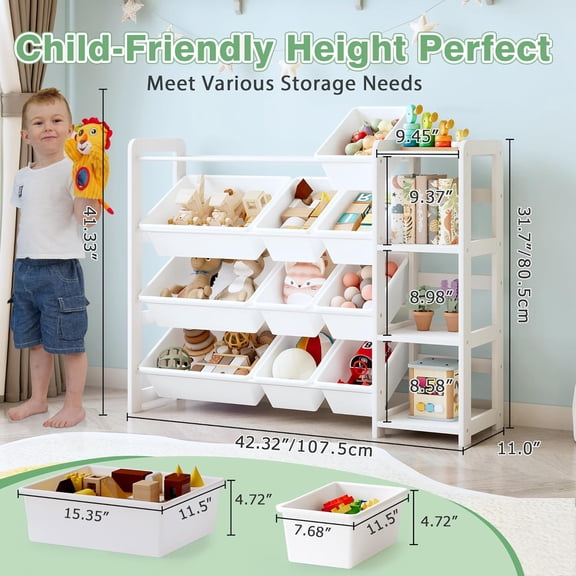 Kids Toy Storage Organizer with Bookshelf – Wooden Toy Bin Organizer with 12 Storage Bins & 3-Tier Shelf, Toy Shelf for Toddlers, Nursery, Playroom, Bedroom(White)