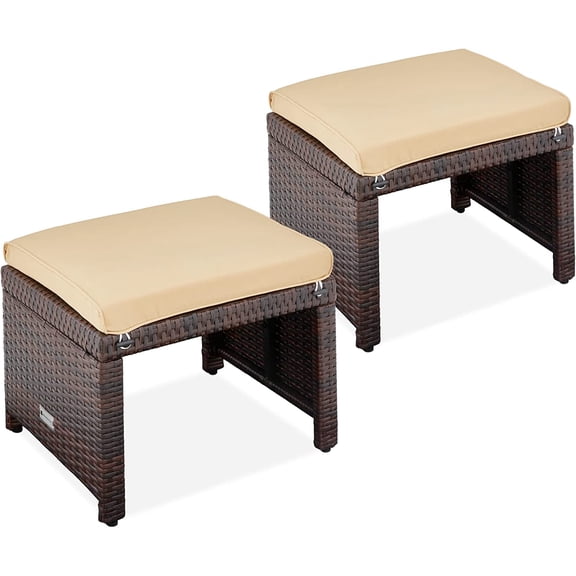Neatifyes Set of 2 Wicker Ottomans, Multipurpose Outdoor Furniture for Patio, Backyard, Additional Seating, Footrest, Side Table w/Removable Cushions, Steel Frame - Brown/Tan