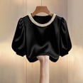 thumbnail image 3 of Lpmadey Dressy Satin Tops for Women Pearl Crewneck Puff Short Sleeve Shirts Business Casual Outfits, 3 of 4