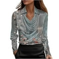 thumbnail image 2 of Uootdi Women's Floral Print Satin Cowl Neck Long Sleeve Shirts Dressy Business Office Loose Elegant Blouses Baggy Fit Blouses Beach Vacation Wear Gift, 2 of 5