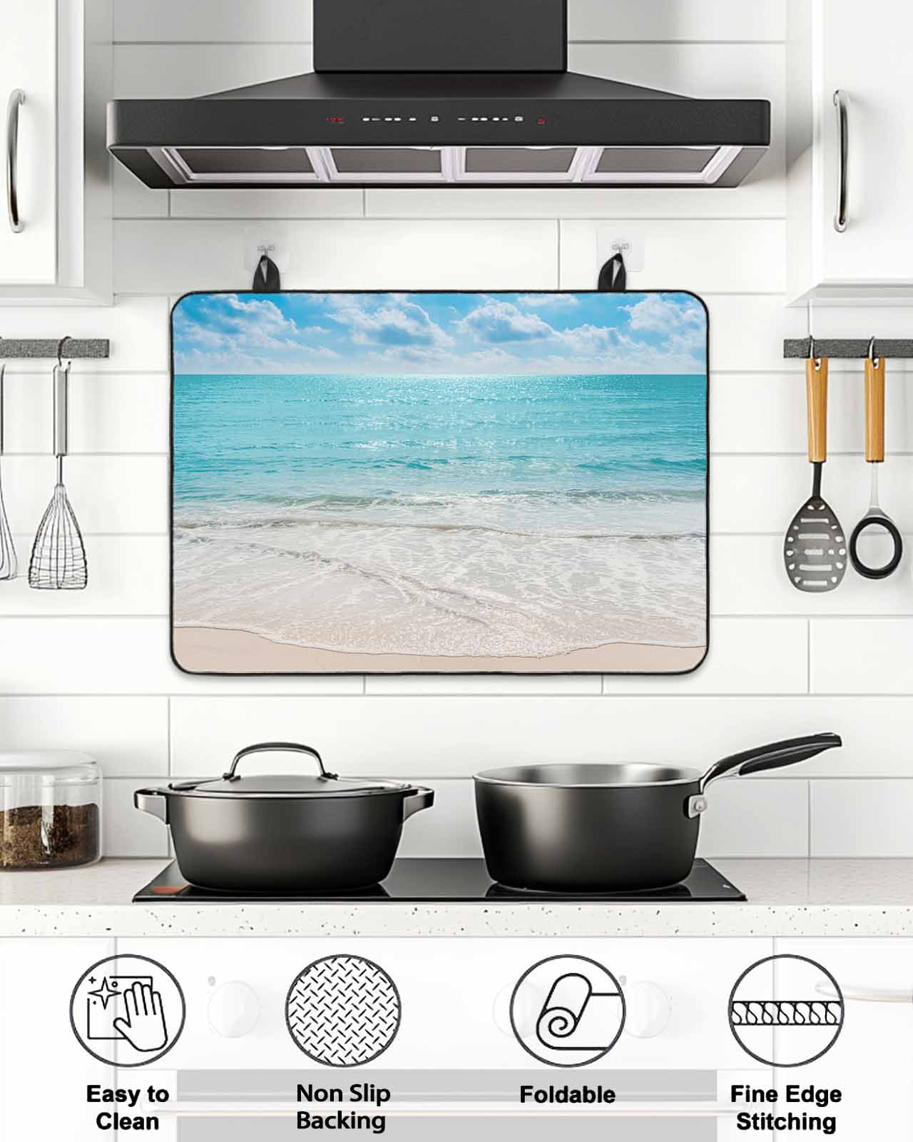 Stove Top Covers for Electric Stove, Summer Beach Glass Stovetop Cover Protector, Blue Coastal Ocean Seaside Nautical Induction Cooktop Protector Oven Mat for Kitchen Countertop 24"x21"