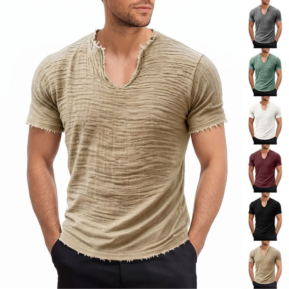 FRSASU Men's Cotton Linen T-Shirts V-Neck Raw Edge Washed Distressed Shirts Summer Short Sleeve Solid Loose Beach Tee Tops White