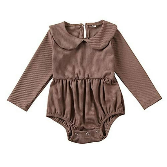 Styles I Love Infant Baby Girls Ribbed Long Sleeve Collar Romper Holiday Autumn Dressy Bodysuit (Brown, 24 Months)