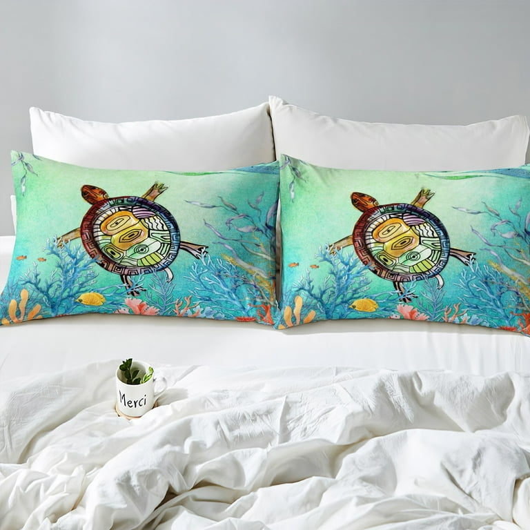 YST Sea Turtle Bedding Set Twin Teal Tortoise Comforter Cover for