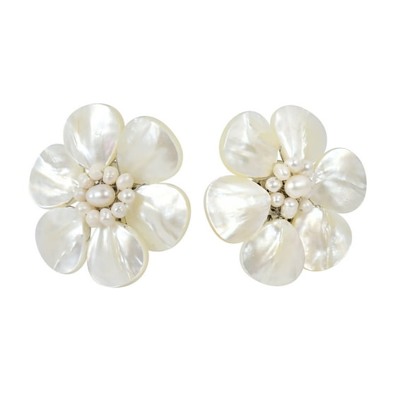 AeraVida - Pretty White Mother of Pearl Flower Clip On Earrings ...