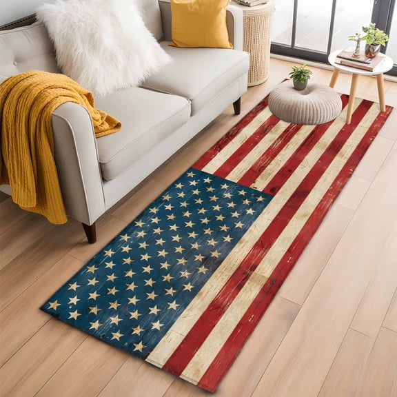 American Flag Runner Rug 2x6 FT, Non Slip Hallway Rugs, Red Strip Vintage Shabby US Flag Washable Soft Floor Carpet Non-Shedding Throw Runner Carpet Long Rug for Entryway Kitchen Bedside Sliding Door