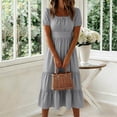 thumbnail image 5 of Asxite Summer Dresses for Women Casual Solid Straight Neck Short Sleeve Midi Sundress, 5 of 6