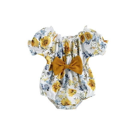 

Qtinghua Newborn Baby Girl Romper Vintage Boho Floral Print Short Sleeve Bodysuit Jumpsuit Summer Clothes Yellow 0-3 Months