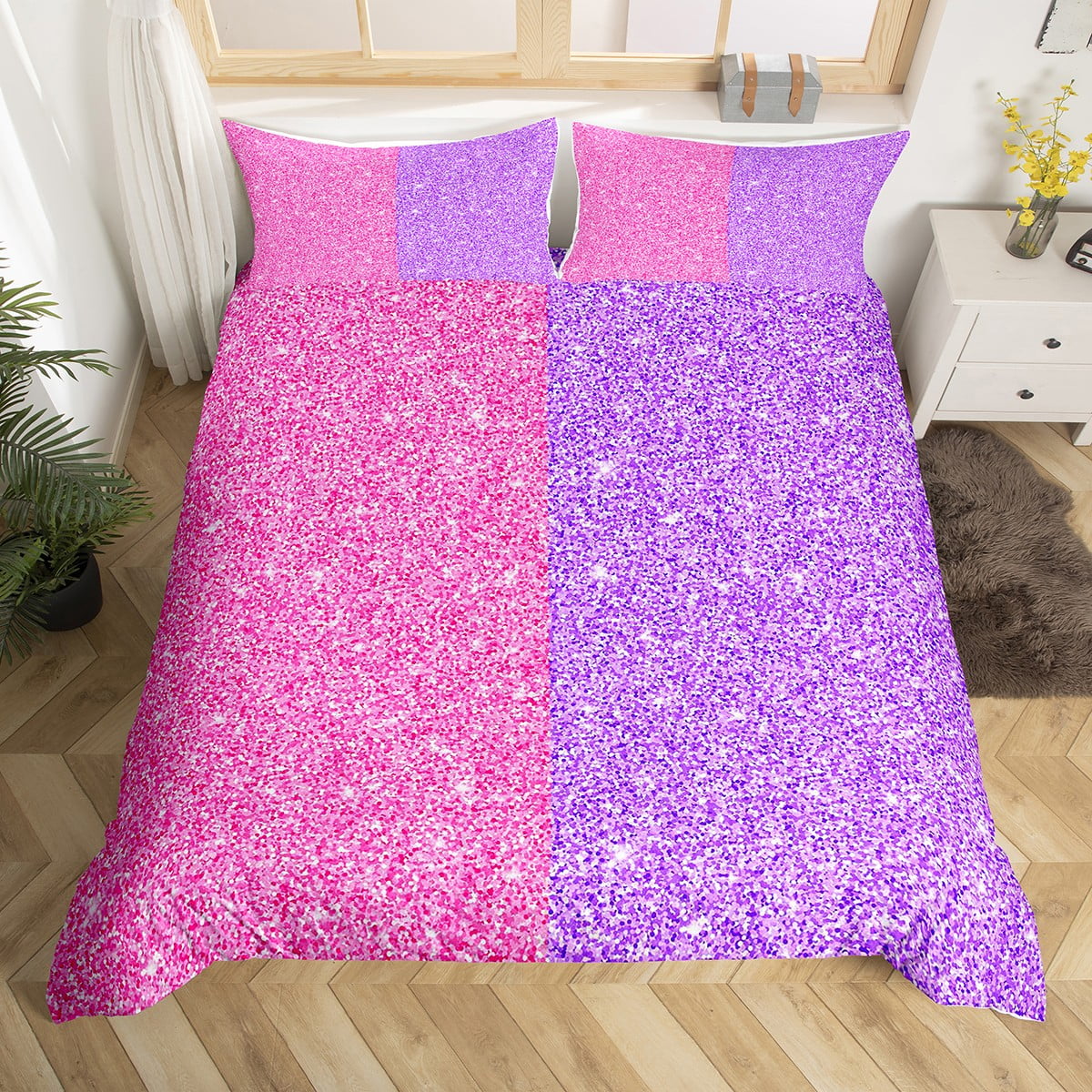 YST Colorful Glitter Duvet Cover Twin Girls Pink Purple Ombre Sequins