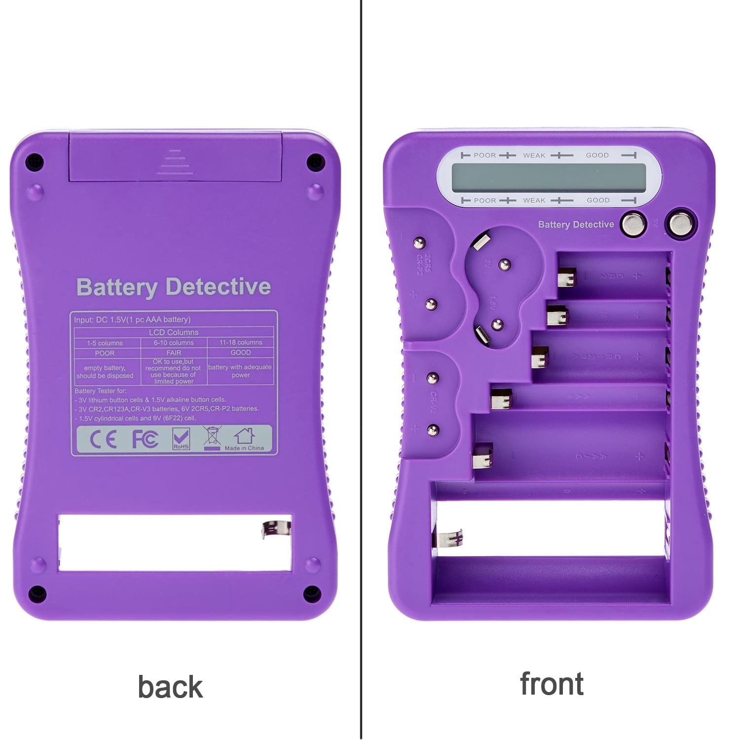 Battery Detective 12 Type Battery Tester (Purple) with LCD Display for Household Batteries AA AAA C D 9V CR2032 CR123A N/LR1 CR2 CR-V3 2CR5 CR-P2 1.5V/3V Button Cell Batteries +AAA Batteries (36-Pack)
