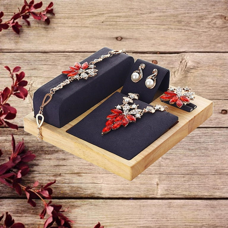 Necklace Bracelets Holder 6x6 Inches Wooden Velvet Jewelry Set Display  Stand Dark Grey 